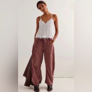 Free People We The Free Good Luck mid rise cord barrel pant in Withered Rose